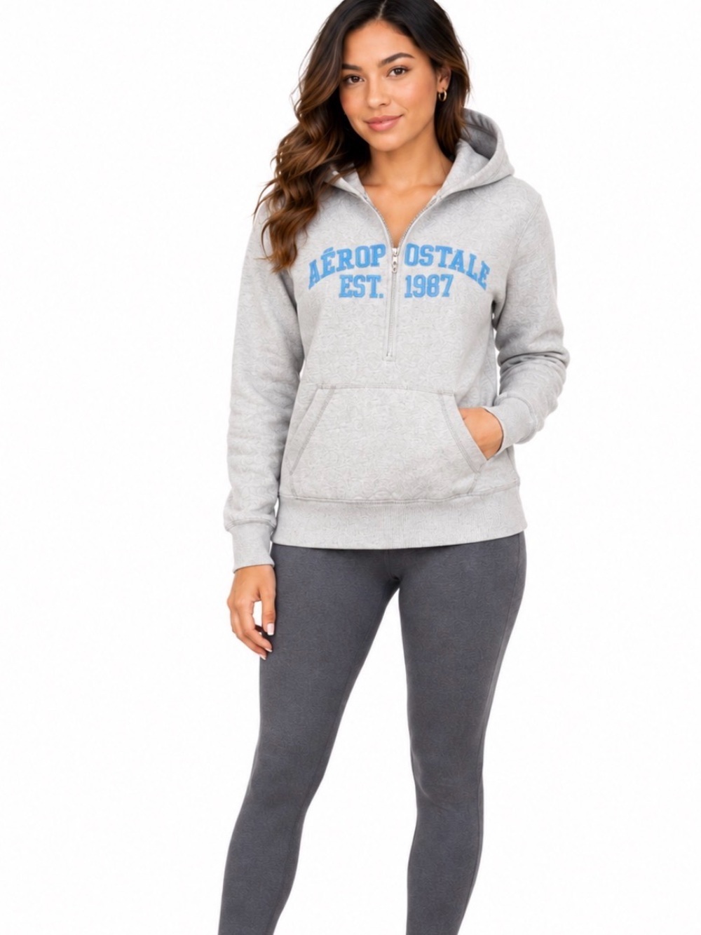 Aéropostale Gray Half-Zip Hoodie with Blue Logo kangaroo pocket pull over SZ XS